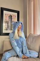 Mavi Cookies Desenli Kadın Polar Peluş Tulum Pijama Takımı - Thumbnail
