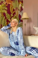 Mavi Etnico Ursa Baskılı Uzun Kol Kadın Pijama Takımı - Thumbnail