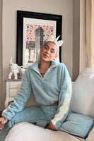 Mavi Fermuar Detaylı Crop Tam Peluş Pijama Takımı - Thumbnail