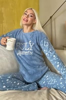 Mavi Fly Desenli Kadın Peluş Pijama Takımı - Thumbnail