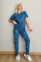 Mavi Galaksi Baskılı Kısa Kollu Kadın Pijama Takımı - Thumbnail