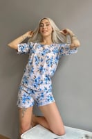 Mavi Gül Baskılı Şortlu Kadın Pijama Takımı - Thumbnail