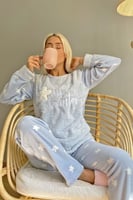 Mavi Hello Winter Desenli Kadın Peluş Pijama Takımı - Thumbnail