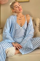 Mavi Kalp Desenli Sabahlıklı Örme Pijama Takımı - Thumbnail