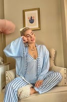 Mavi Kalp Desenli Sabahlıklı Örme Pijama Takımı - Thumbnail