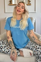 Mavi More Love Desenli Kısa Kollu Örme Kadın Pijama Takımı - Thumbnail