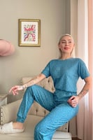Mavi Style Desenli Örme Crop Kısa Kol Kadın Pijama Takımı - Thumbnail