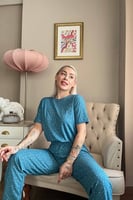 Mavi Style Desenli Örme Crop Kısa Kol Kadın Pijama Takımı - Thumbnail