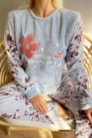 Mavi Yaprak Desenli Kadın Peluş Pijama Takımı - Thumbnail