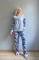 Mavi Yonca Desenli Kadın Peluş Pijama Takımı - Thumbnail