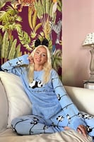 Mavi Zzz Wake Desenli Kadın Peluş Pijama Takımı - Thumbnail