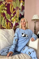 Mavi Zzz Wake Desenli Kadın Peluş Pijama Takımı - Thumbnail