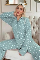 Mint Debesis Desenli Önden Düğmeli Peluş Polar Pijama Takımı - Thumbnail