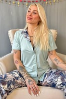 Mint Florado Exclusive Önden Düğmeli Kısa Kollu Kadın Pijama Takımı - Thumbnail