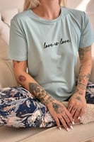 Mint Love is Love Desenli Kısa Kollu Örme Kadın Pijama Takımı - Thumbnail