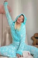 Mint Yeşili Digitate Desenli Kadın Polar Peluş Tulum Pijama - Thumbnail