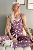 Mor Benek Papatya Dantelli İp Askılı Örme Kadın Pijama Takımı - Thumbnail