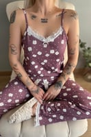 Mor Benek Papatya Dantelli İp Askılı Örme Kadın Pijama Takımı - Thumbnail