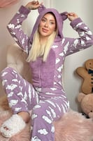 Mor Bulut Desenli Kadın Polar Peluş Tulum Pijama Takımı - Thumbnail