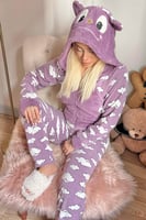Mor Bulut Desenli Kadın Polar Peluş Tulum Pijama Takımı - Thumbnail