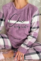 Mor Deep Chic Desenli Kadın Peluş Pijama Takımı - Thumbnail