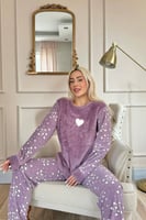 Mor Enjoy Life Desenli Kadın Peluş Pijama Takımı - Thumbnail