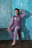Mor Hello Winter Desenli Kız Çocuk Peluş Pijama Takımı - Thumbnail
