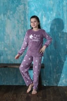 Mor Hello Winter Desenli Kız Çocuk Peluş Pijama Takımı - Thumbnail