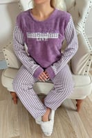 Mor Live Desenli Kadın Peluş Pijama Takımı - Thumbnail