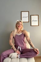 Mor Puan Papatya Dantelli İp Askılı Örme Kadın Pijama Takımı - Thumbnail