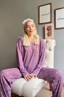 Mor Puantiye Desenli Bambu Uzun Kol Kadın Pijama Takımı - Thumbnail