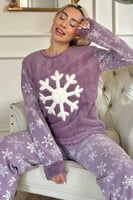Mor Snefnug Desenli Kadın Peluş Pijama Takımı - Thumbnail