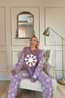 Mor Snefnug Desenli Kadın Peluş Pijama Takımı - Thumbnail