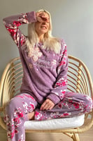 Mor Yaprak Desenli Kadın Peluş Pijama Takımı - Thumbnail