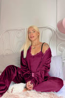 Mürdüm Garnet Exclusive Kadife Sabahlıklı Kadın Pijama Takımı  - Thumbnail