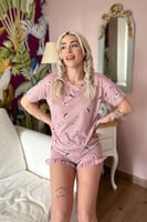 Pasta Kahve Baskılı Şortlu Kadın Pijama Takımı - Thumbnail