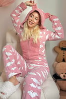 Pembe Bulut Desenli Kadın Polar Peluş Tulum Pijama Takımı - Thumbnail