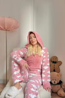 Pembe Bulut Desenli Kadın Polar Peluş Tulum Pijama Takımı - Thumbnail