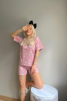 Pembe Capped Tavşan Baskılı Şortlu Kadın Pijama Takımı - Thumbnail