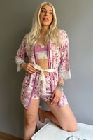 Pembe Çiçek Desenli Sabahlıklı Bralet Örme Pijama Takımı - Thumbnail