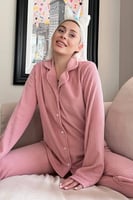 Pembe Düz Önden Düğmeli Peluş Polar Pijama Takımı - Thumbnail