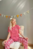Pembe Easy Nakışlı Kısa Kollu Örme Kadın Pijama Takımı - Thumbnail