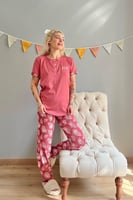Pembe Easy Nakışlı Kısa Kollu Örme Kadın Pijama Takımı - Thumbnail