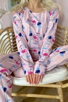 Pembe Fenicottero Baskılı Uzun Kol Kadın Pijama Takımı - Thumbnail