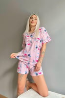 Pembe Flamingo Baskılı Şortlu Kadın Pijama Takımı - Thumbnail