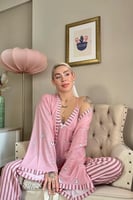 Pembe Kalp Desenli Sabahlıklı Örme Pijama Takımı - Thumbnail