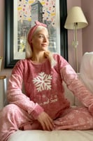 Pembe Kartanesi Desenli Kadın Peluş Pijama Takımı - Thumbnail