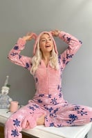 Pembe Kartanesi Desenli Kadın Polar Peluş Tulum Pijama - Thumbnail