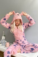 Pembe Kartanesi Desenli Kadın Polar Peluş Tulum Pijama - Thumbnail