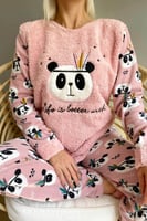 Pembe Life Panda Desenli Kadın Peluş Pijama Takımı - Thumbnail